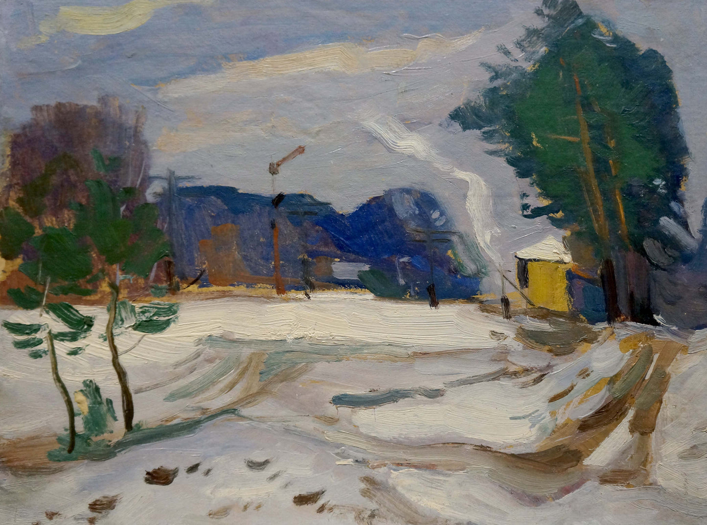 Oil painting The first snow fell by Nikolay Buryachok: yellow cabin in snowy woods
