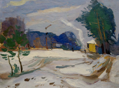 Oil painting The first snow fell by Nikolay Buryachok: yellow cabin in snowy woods