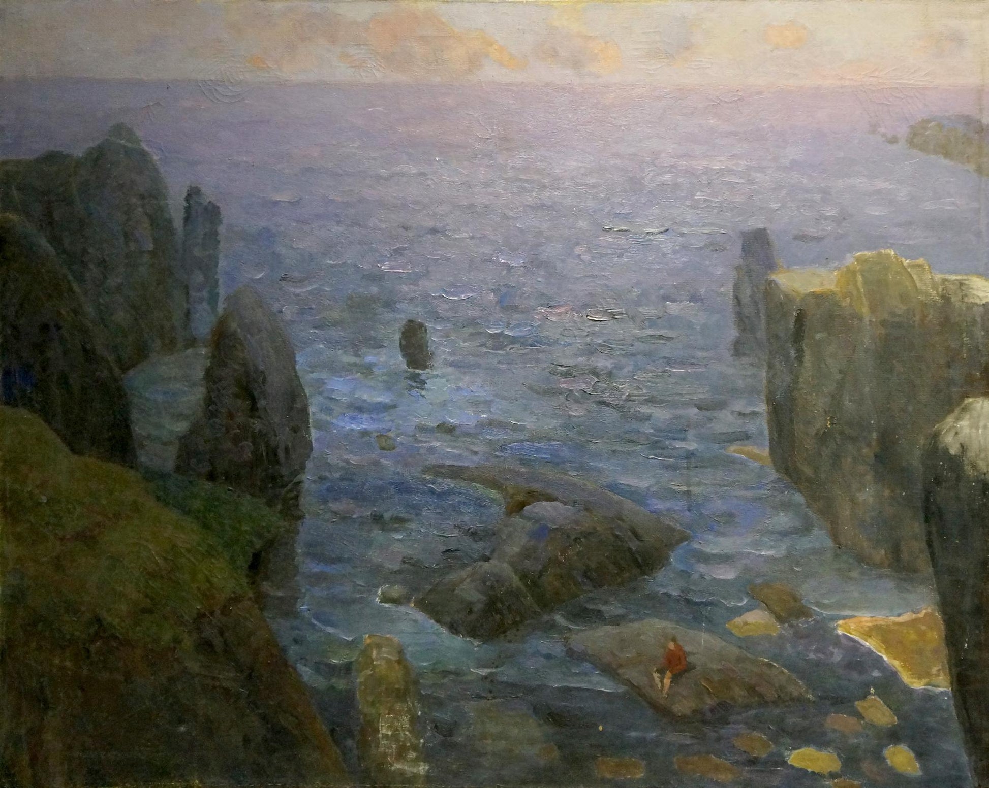 Oil painting Lonely at sea: impressionistic coastal rocks in calm blue sea