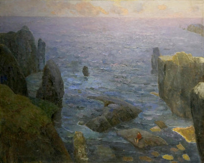Oil painting Lonely at sea: impressionistic coastal rocks in calm blue sea