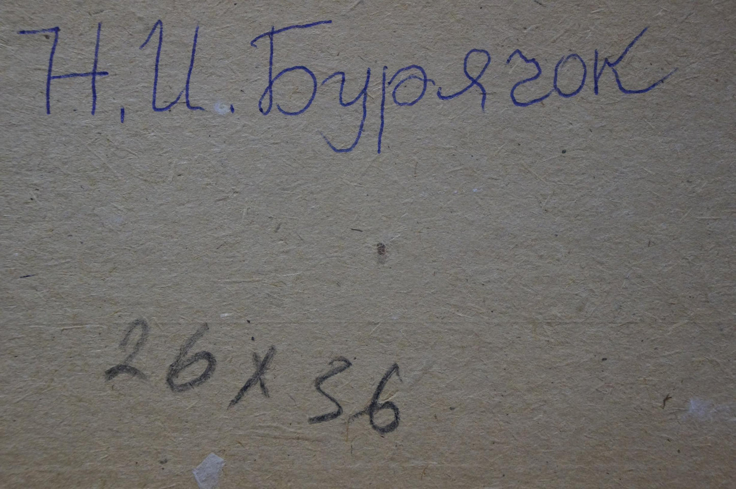 Back of Nikolay Buryachok oil painting The first snow fell with blue handwritten text