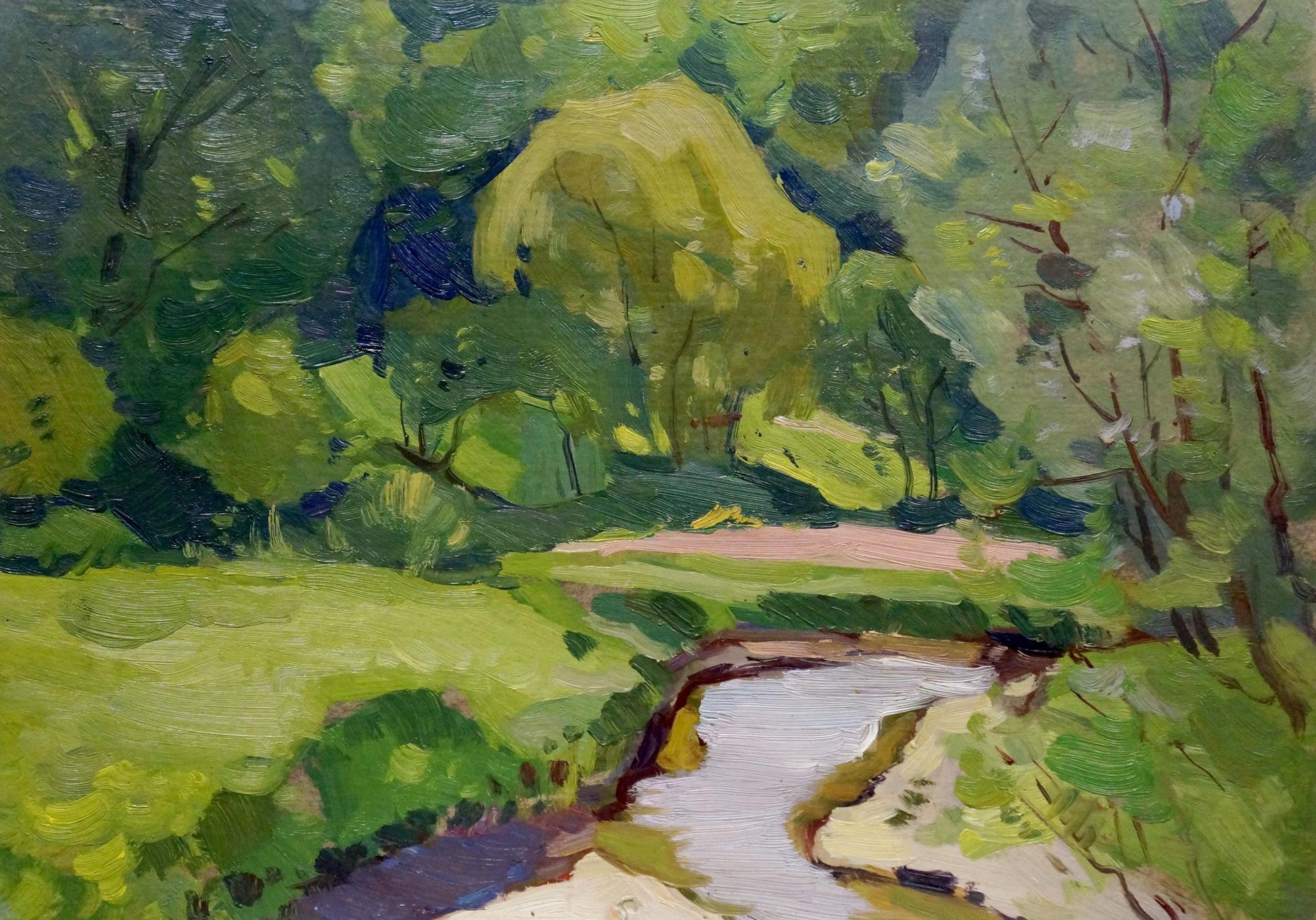 Vibrant impressionist oil painting of river in lush foliage by Buryachok Nikolay Ivanovich