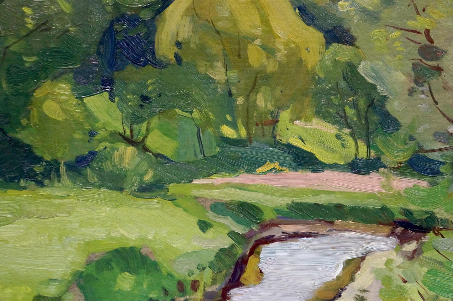 Vibrant impasto oil painting by Buryachok Nikolay Ivanovich with green trees and pink path