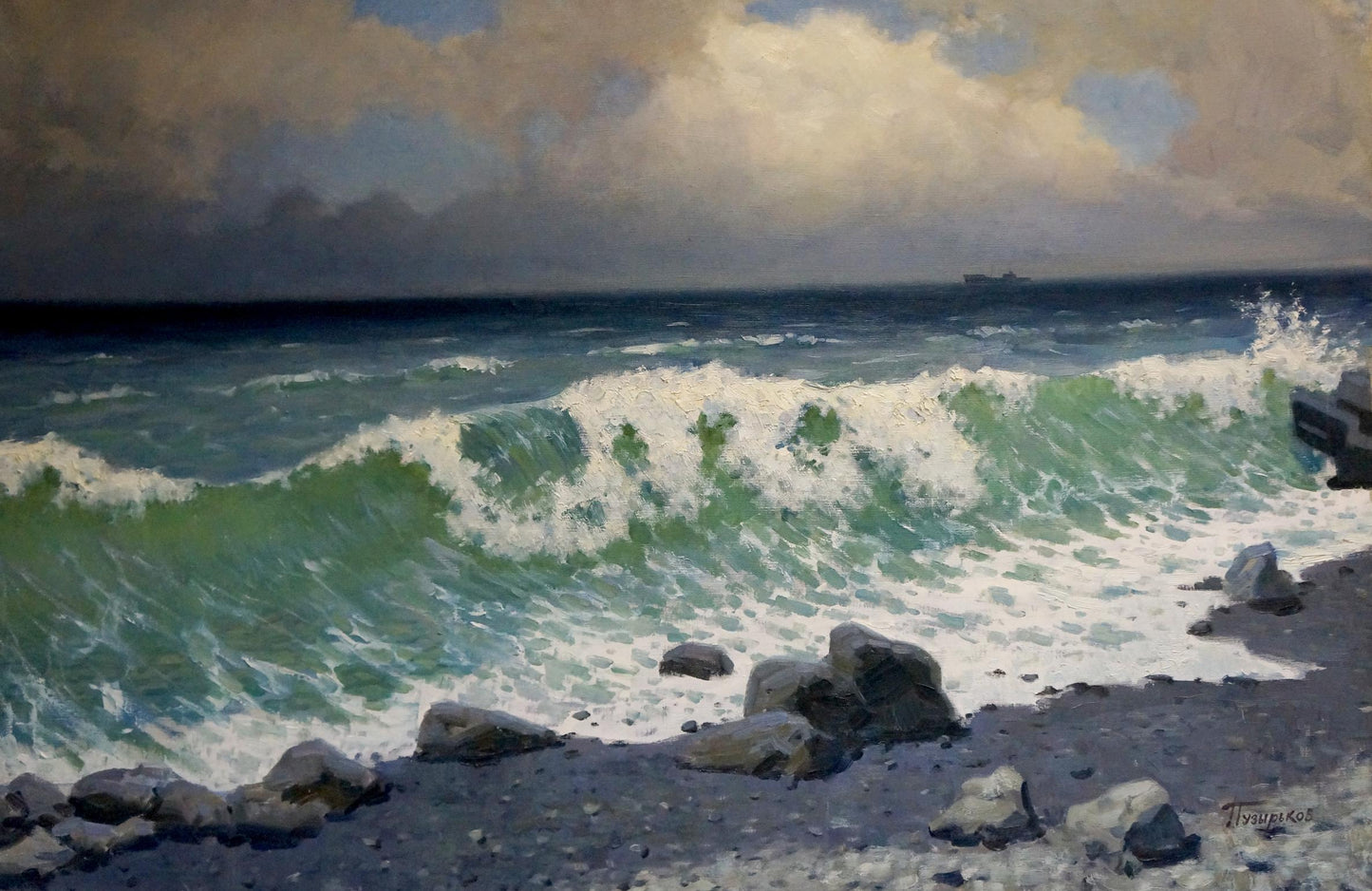 Dramatic ocean waves crashing on rocky shore by Puzyrkov Viktor Grigorievich oil painting