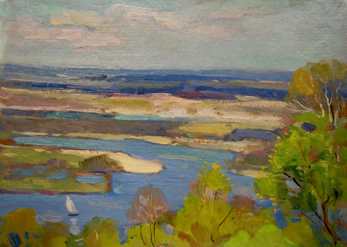 Vibrant impressionist oil painting River spill in a field by Nikolay Buryachok