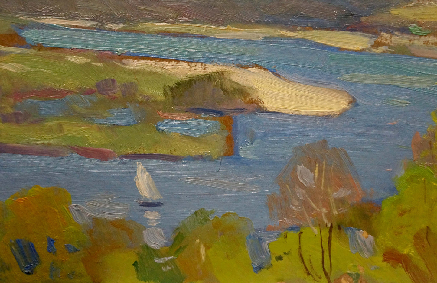 Oil painting of white sailboat on blue river by Nikolay Buryachok