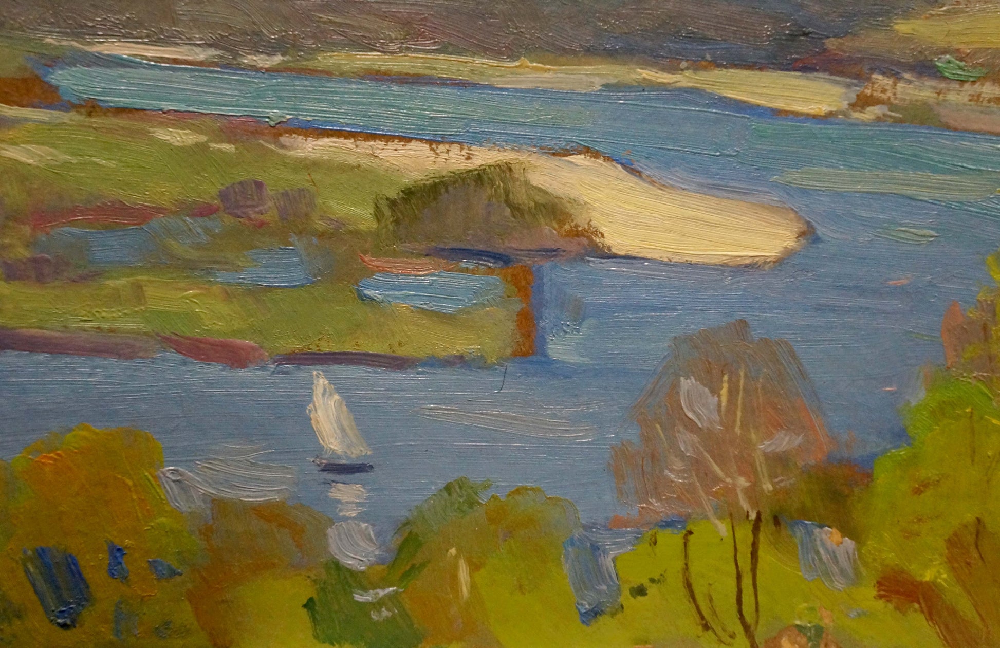 Oil painting of white sailboat on blue river by Nikolay Buryachok