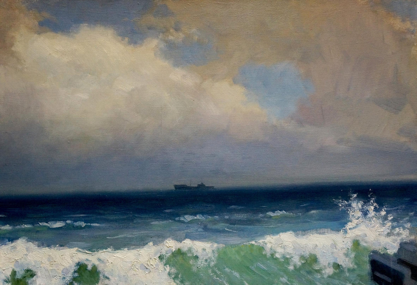 Oil painting Seascape by Puzyrkov Viktor Grigorievich, turbulent ocean ship under dramatic sky