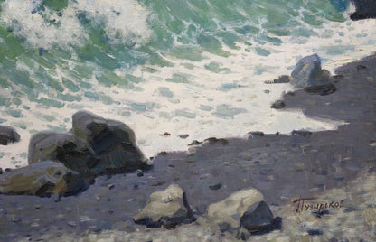 Oil painting Seascape by Puzyrkov Viktor Grigorievich: crashing green waves on rocky shore