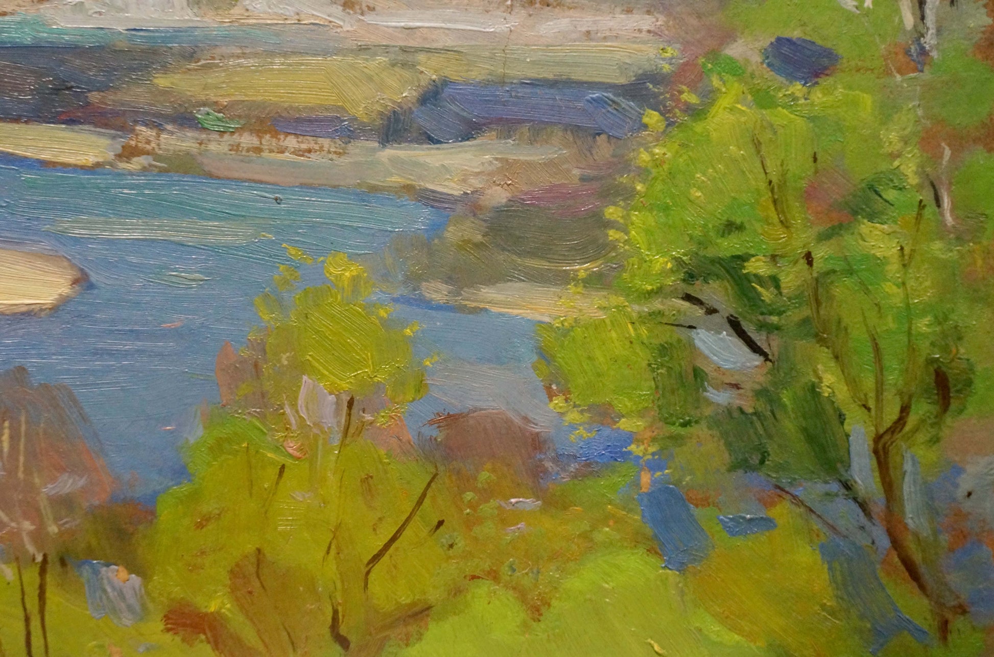 Vibrant green yellow trees frame serene blue River Spill in field by Nikolay Buryachok oil painting