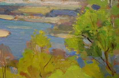 Vibrant green yellow trees frame serene blue River Spill in field by Nikolay Buryachok oil painting