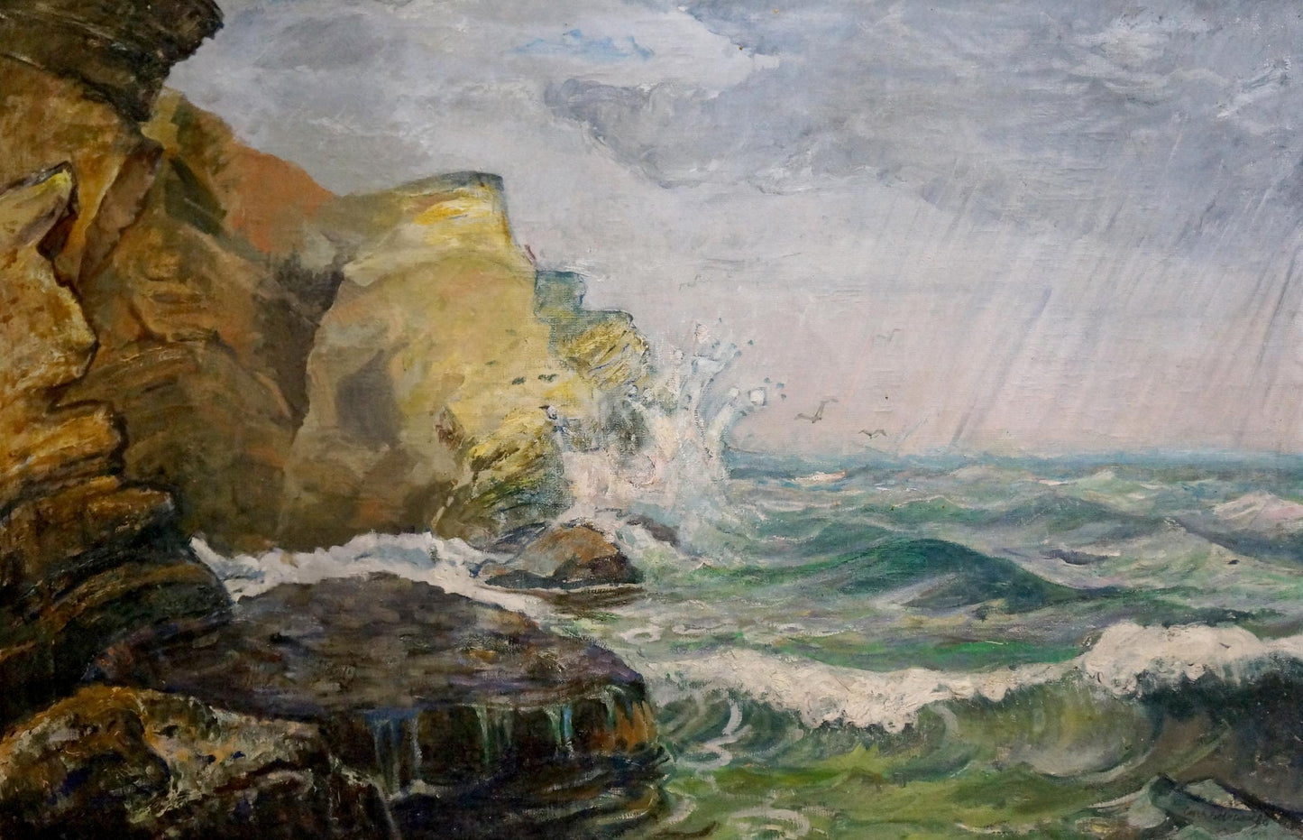 Oil painting of stormy waves crashing on sunlit cliffs by Strelnikov Aleksey Vladimirovich