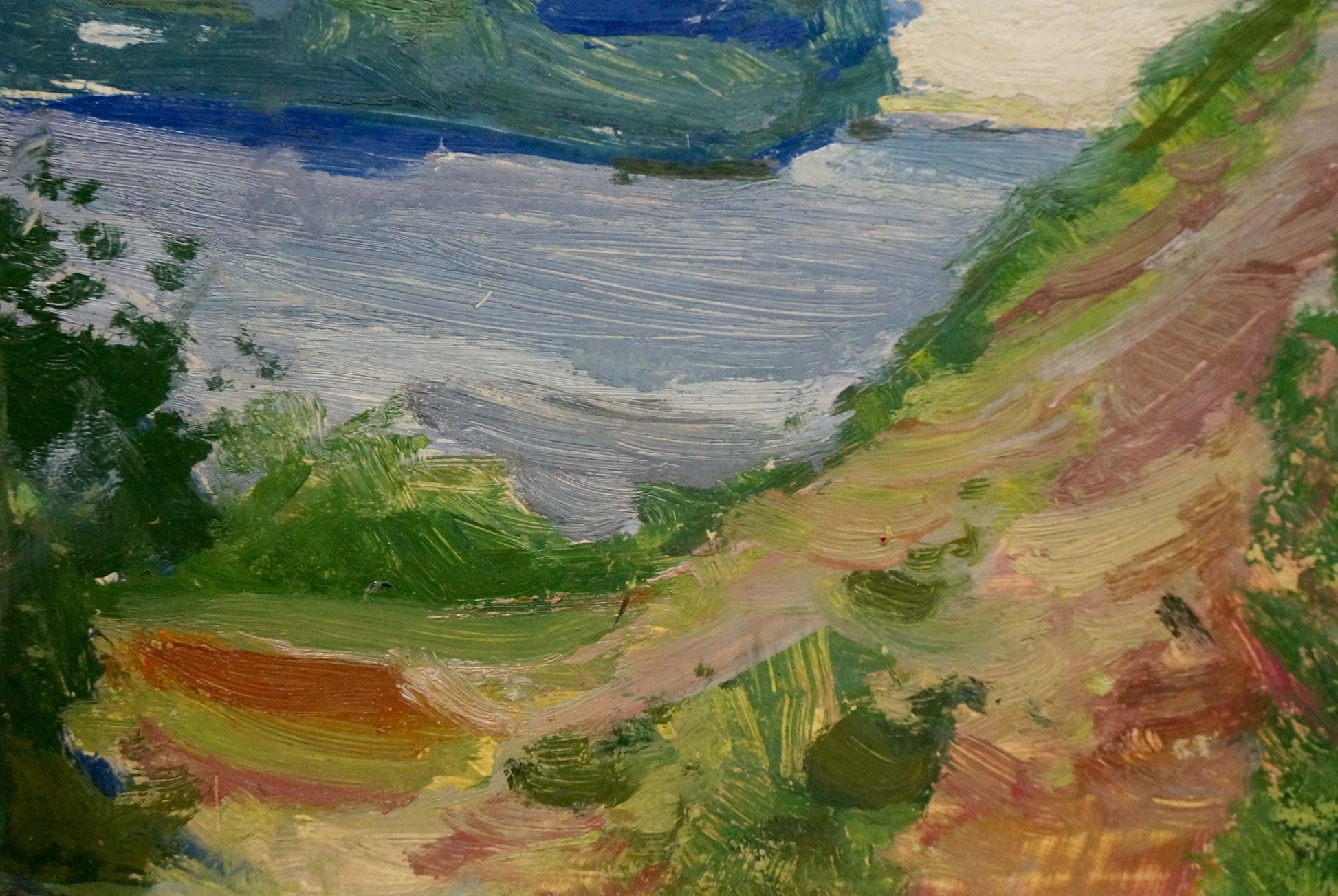 Vibrant impressionist oil painting by Buryachok Nikolay Ivanovich of river in green hills