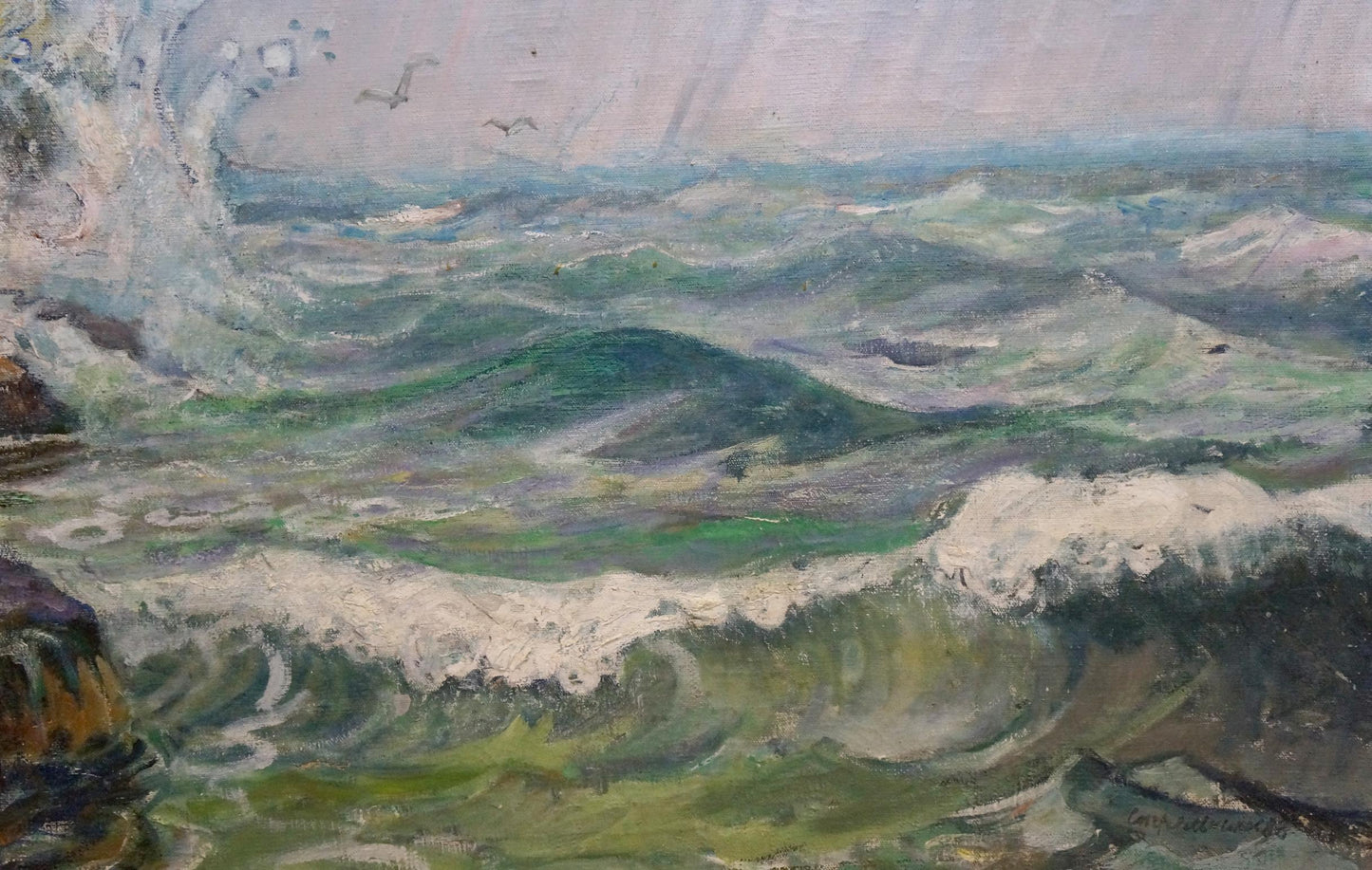 Oil painting Seascape by Strelnikov Aleksey Vladimirovich: turbulent green waves, seagulls