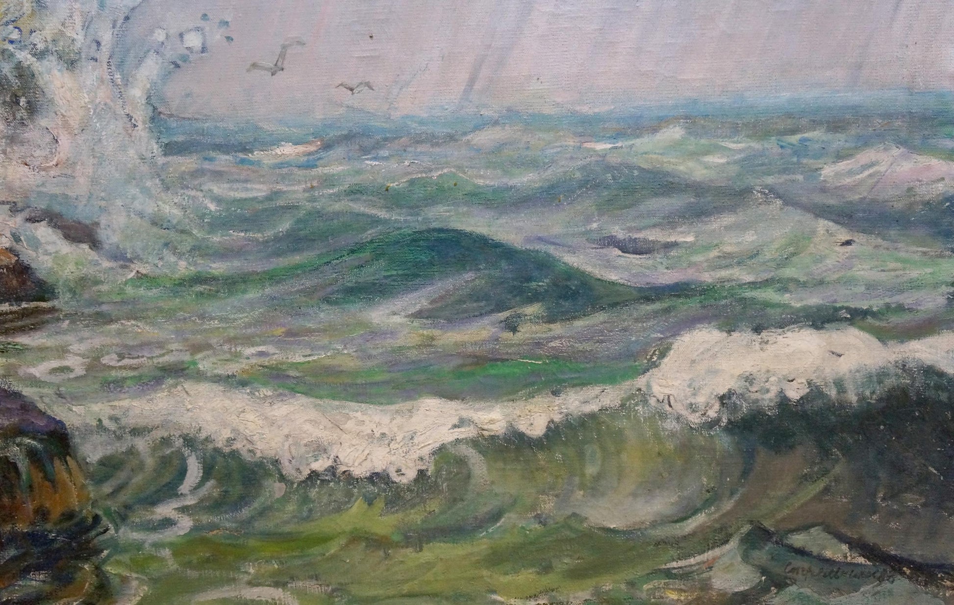 Oil painting Seascape by Strelnikov Aleksey Vladimirovich: turbulent green waves, seagulls
