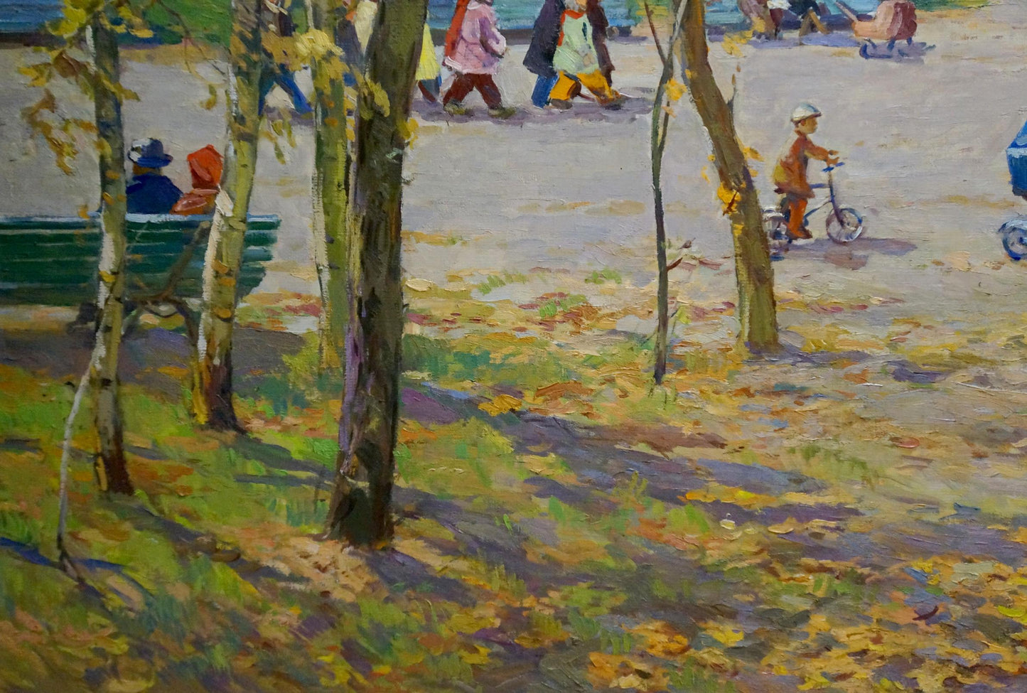 Oil painting Autumn in the park by Elbert Viktor Davydovich: child on bike amid autumn leaves