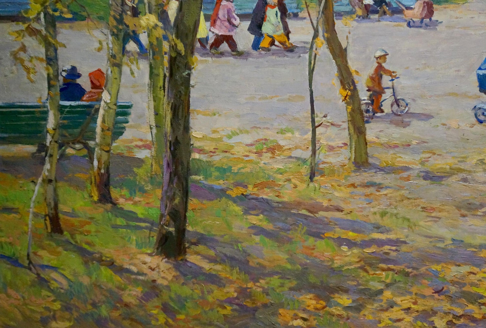Oil painting Autumn in the park by Elbert Viktor Davydovich: child on bike amid autumn leaves