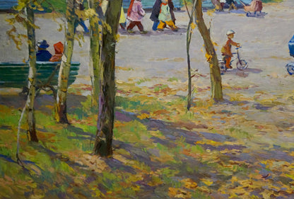 Oil painting Autumn in the park by Elbert Viktor Davydovich: child on bike amid autumn leaves