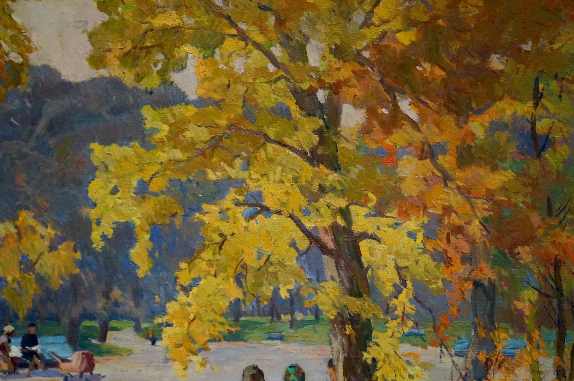 Oil painting Autumn in the park by Elbert Viktor Davydovich with vibrant golden-yellow tree