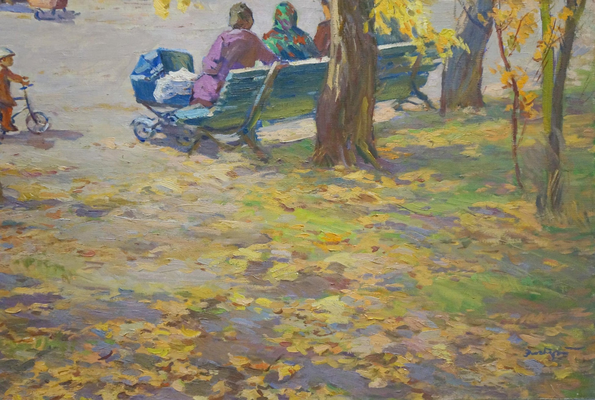 Oil painting Autumn in the park by Elbert Viktor Davydovich: blue bench under autumn trees