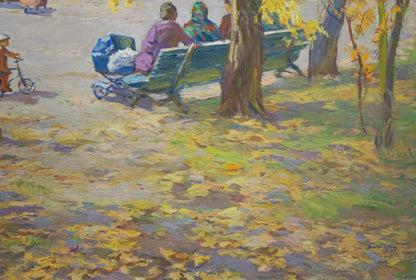 Oil painting Autumn in the park by Elbert Viktor Davydovich: blue bench under autumn trees