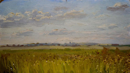 Oil painting landscape: golden wildflower field under cloudy sky