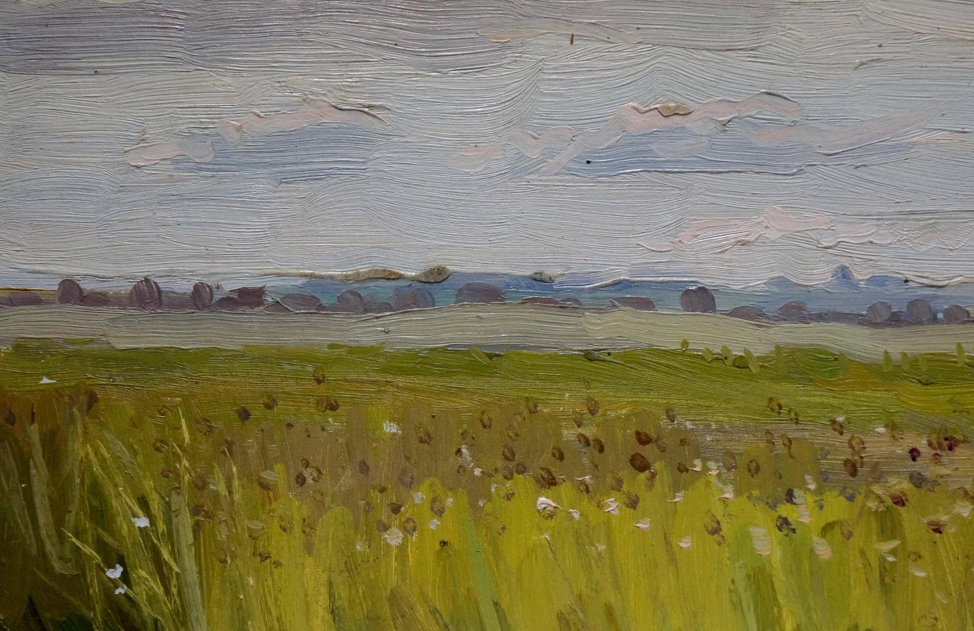 Textured oil painting of golden field under soft cloudy sky, landscape fields