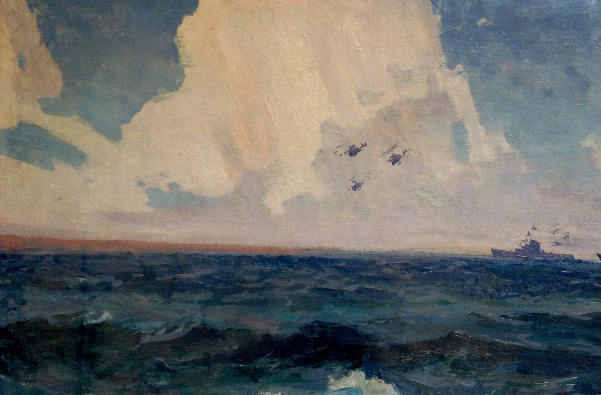 Oil painting by Ivan Dmitrievich Zakharov: navy ocean waves, distant ships, aircraft silhouettes