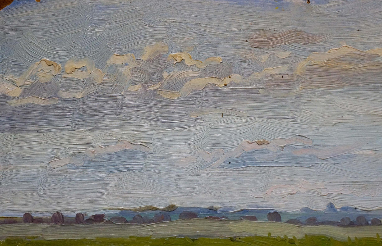 Textured oil painting of serene landscape fields with impressionistic clouds