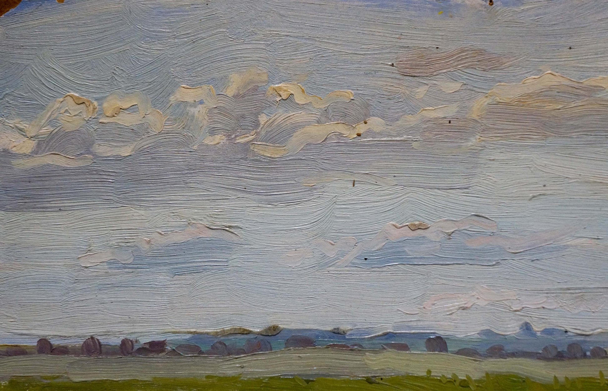 Textured oil painting of serene landscape fields with impressionistic clouds