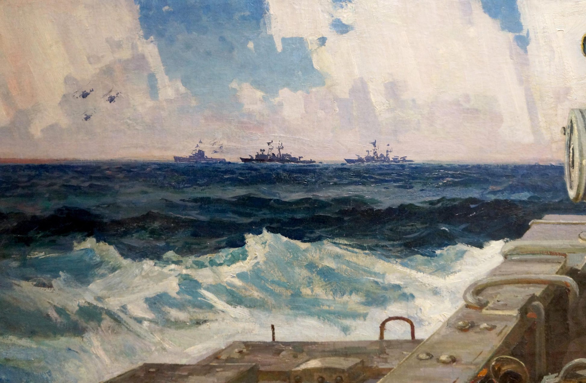 Oil painting of three dark warships in turbulent seas by Ivan Dmitrievich Zakharov
