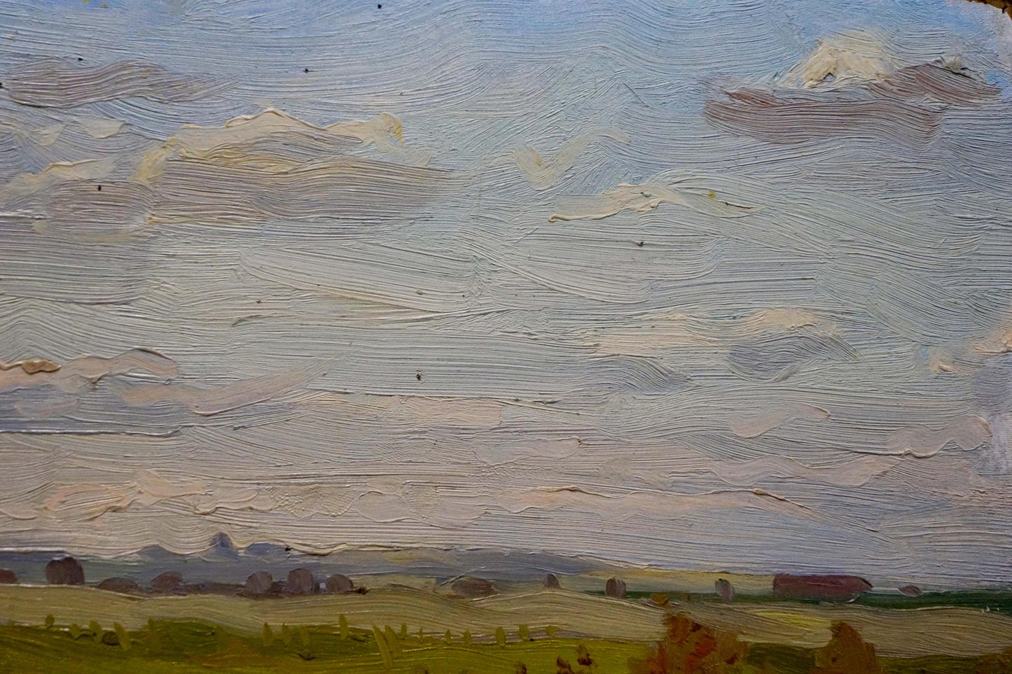 Textured oil painting of blue-white clouds over green landscape fields
