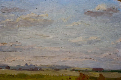 Textured oil painting of blue-white clouds over green landscape fields