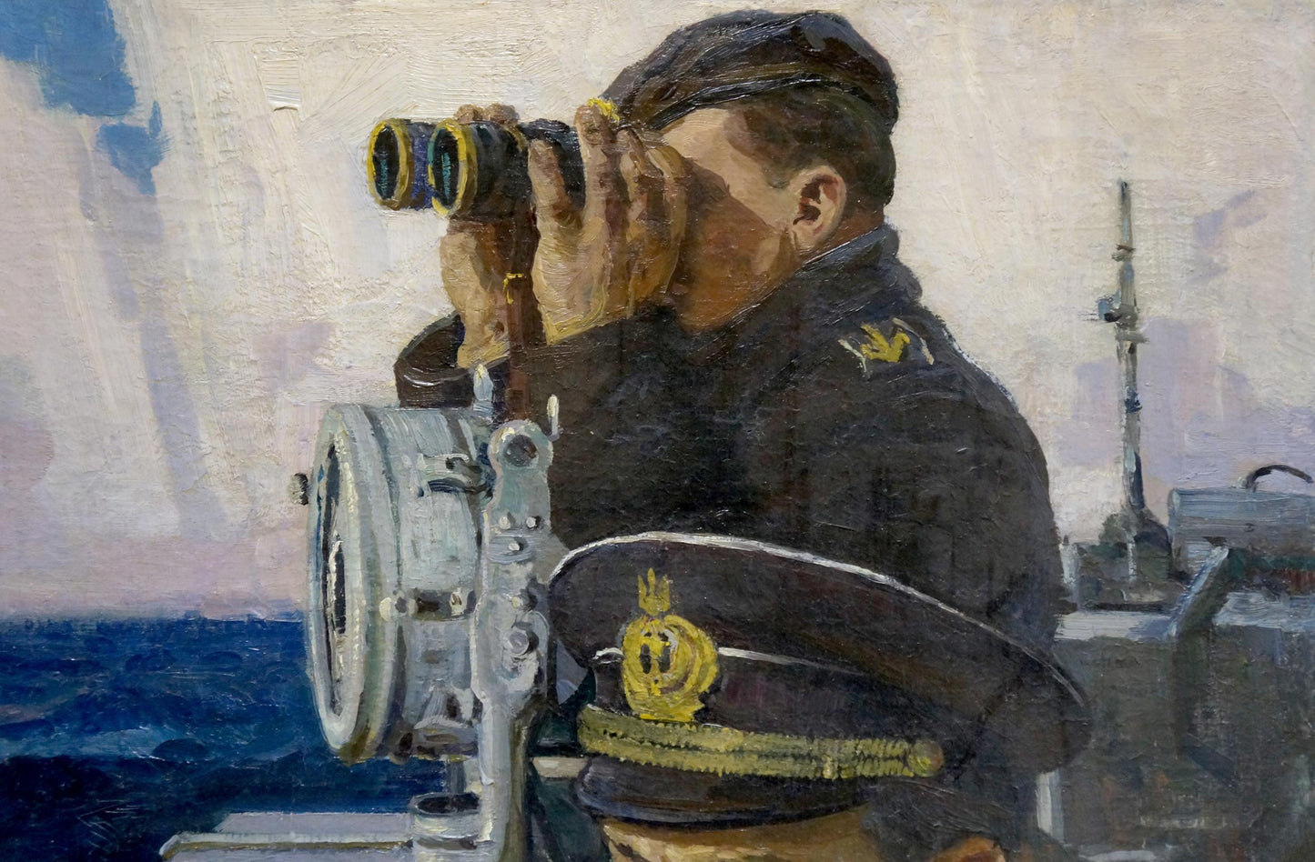 Oil painting portrait of navy officer peering through binoculars by Ivan Dmitrievich Zakharov