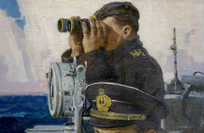 Oil painting portrait of navy officer peering through binoculars by Ivan Dmitrievich Zakharov