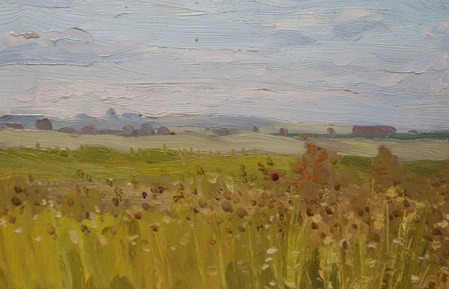 Textured oil painting of golden field under soft cloudy sky, landscape fields