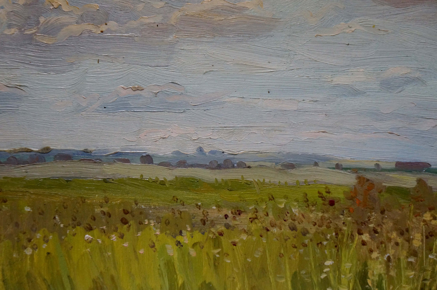 Textured oil painting of rolling green fields under cloudy sky