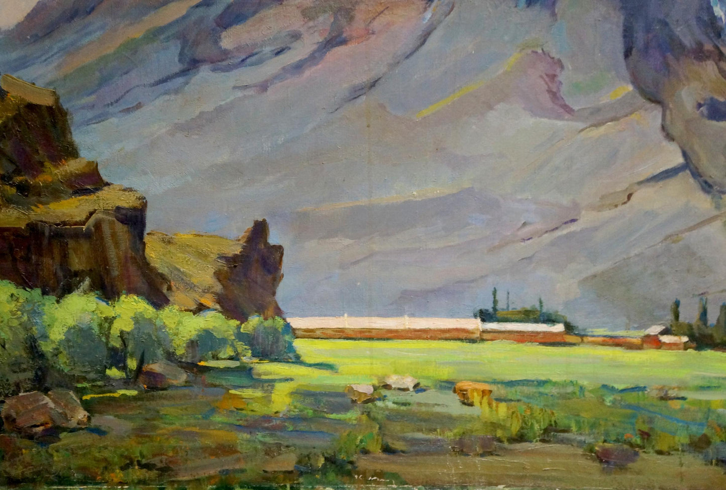 Oil painting Mountain landscape Buryak V.V. with mountains fields train sky
