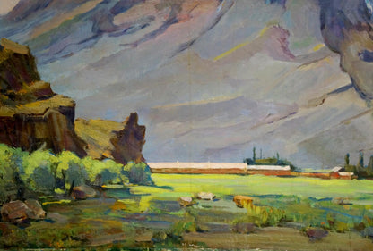 Oil painting Mountain landscape Buryak V.V. with mountains fields train sky