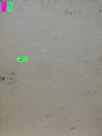 Back of beige textured canvas oil painting Forest landscape by Bazylev Nikolay Ivanovich with green price tags