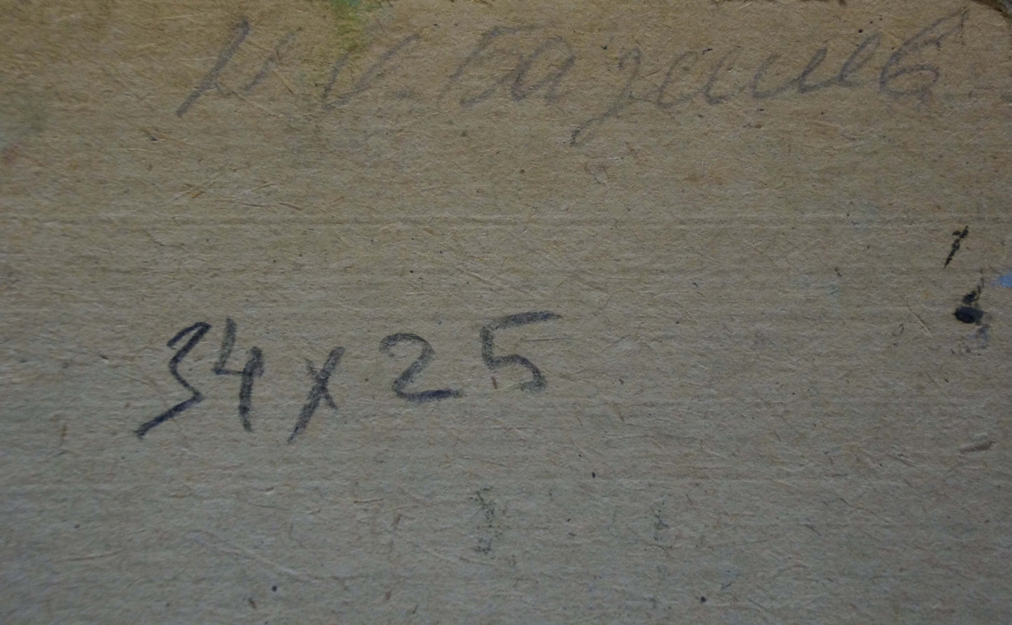 Back of textured beige canvas with handwritten markings by Bazylev Nikolay Ivanovich