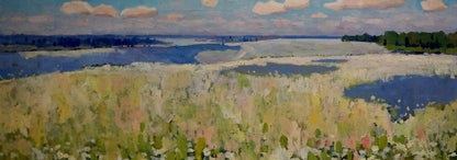 Oil painting Blooming fields: impressionistic river through golden green fields
