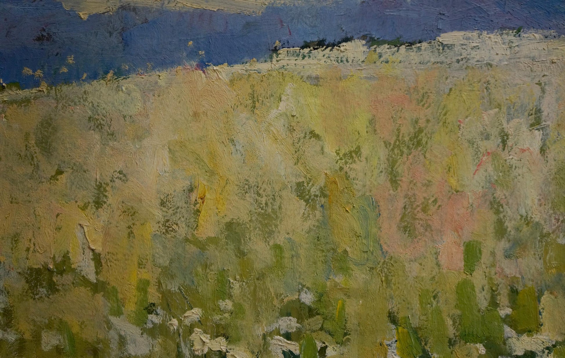 Oil painting Blooming fields: textured greens, yellows, pinks under blue sky