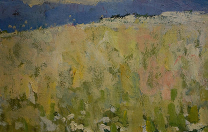 Oil painting Blooming fields: textured greens, yellows, pinks under blue sky