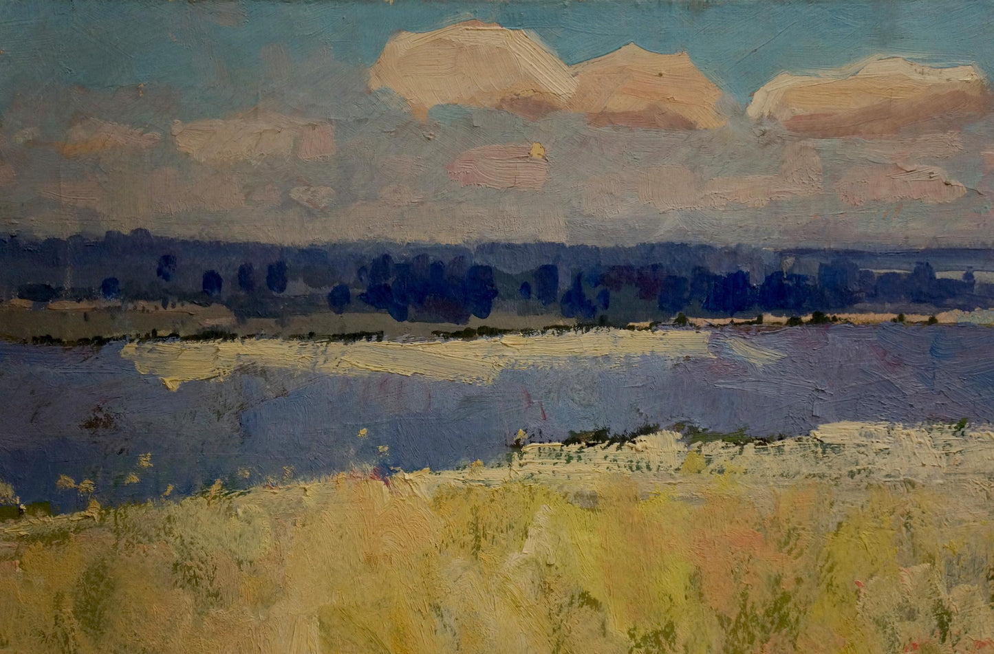 Oil painting Blooming fields: impressionist river with golden grass and pastel clouds