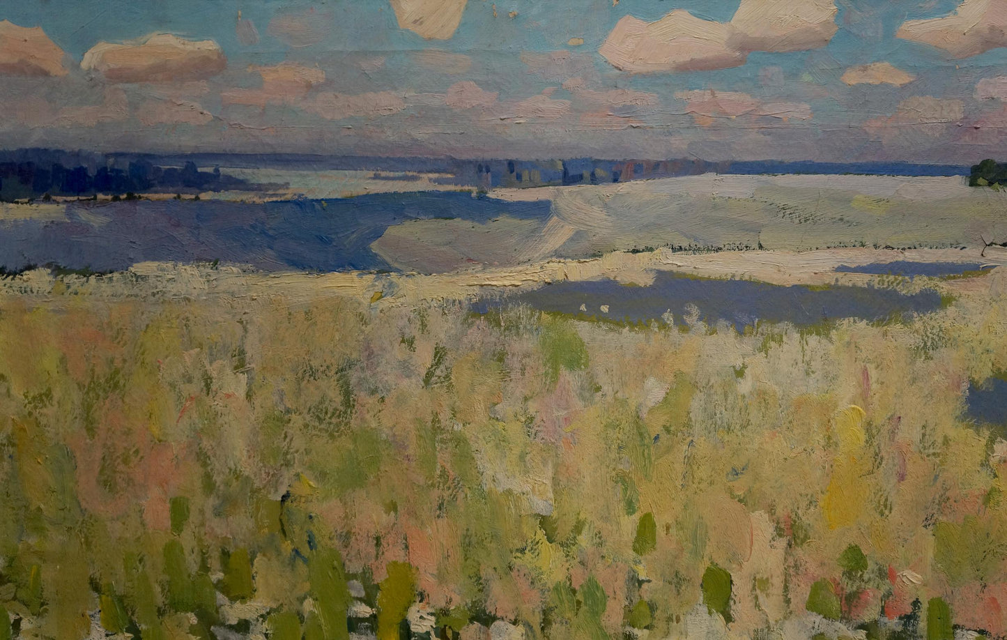 Oil painting Blooming fields: impressionist textured field in greens, yellows, blue water