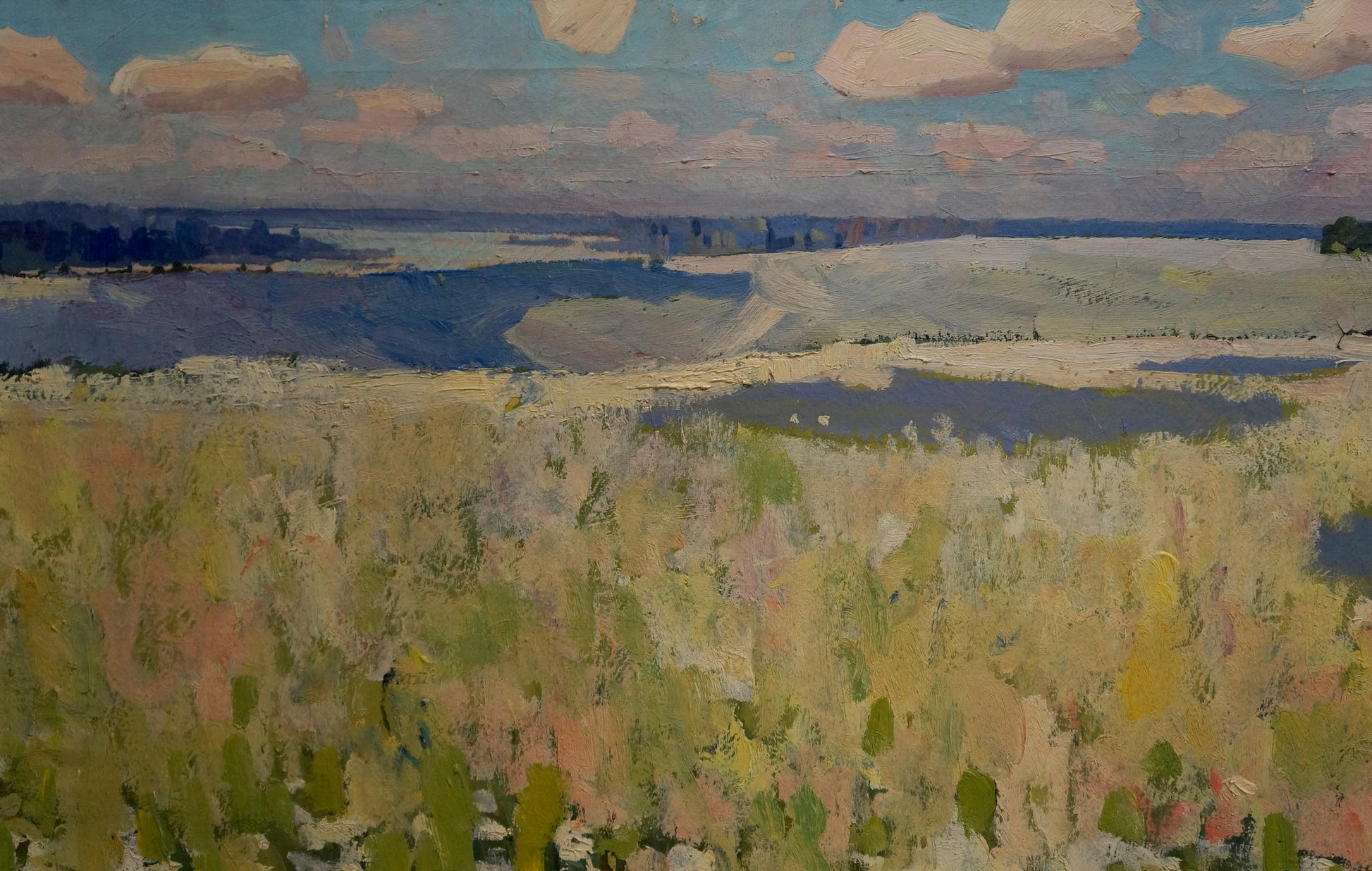 Oil painting Blooming fields: impressionist textured field in greens, yellows, blue water