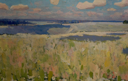 Oil painting Blooming fields: impressionist textured field in greens, yellows, blue water