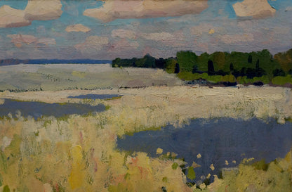 Oil painting Blooming fields: impressionist serene field with blue water, green trees, soft sky