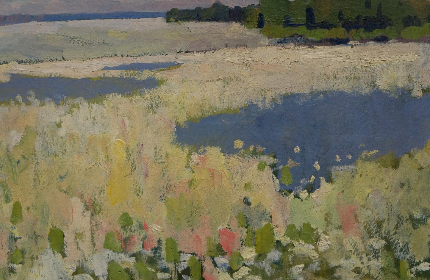 Textured impressionist oil painting of blooming marshland fields in soft greens